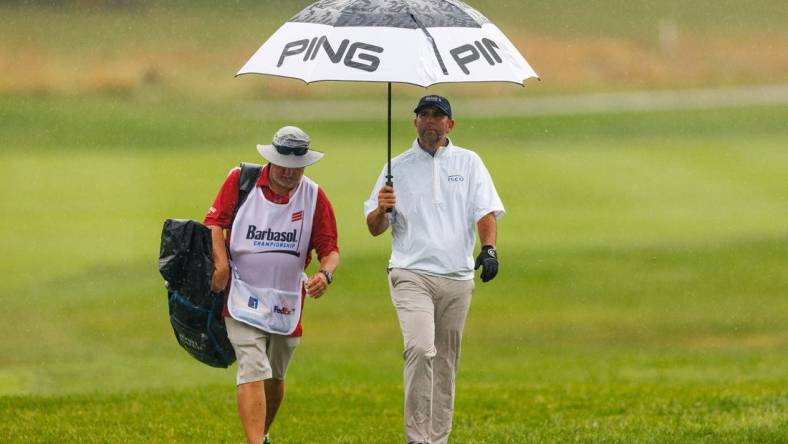 Jul 9, 2022; Nicholasville, Kentucky, USA; Josh Teater walks up the fourth hole during the third round of the Barbasol Championship golf tournament. Mandatory Credit: Jordan Prather-USA TODAY Sports