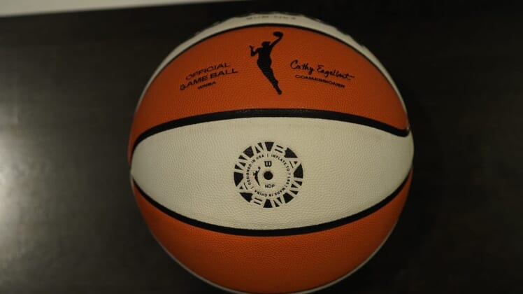Jul 9, 2022; Chicago, IL, USA; A detail shot of a basketball during practice for the 2022 WNBA All-Star Game. Mandatory Credit: David Banks-USA TODAY Sports