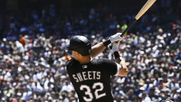Jul 9, 2022; Chicago, Illinois, USA;  Chicago White Sox right fielder Gavin Sheets (32) hits a three run home run against the Detroit Tigers during the first inning at Guaranteed Rate Field. Mandatory Credit: Matt Marton-USA TODAY Sports