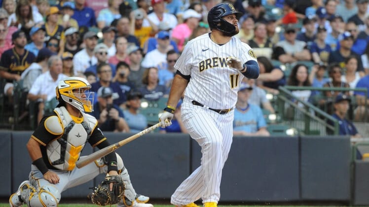 Jul 9, 2022; Milwaukee, Wisconsin, USA; Milwaukee Brewers first baseman Rowdy Tellez (11) at bat against the Pittsburgh Pirates in the third inning at American Family Field. Mandatory Credit: Michael McLoone-USA TODAY Sports