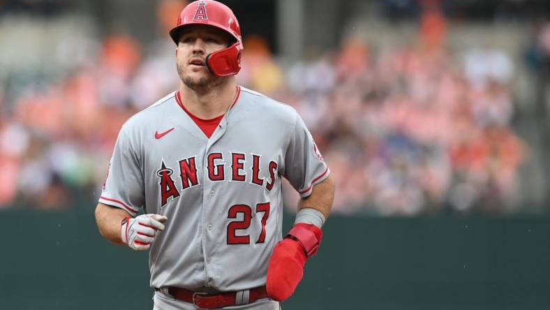 Jul 9, 2022; Baltimore, Maryland, USA;  Los Angeles Angels center fielder Mike Trout (27) runs the bases during the third inning against the Baltimore Orioles at Oriole Park at Camden Yards. Mandatory Credit: Tommy Gilligan-USA TODAY Sports