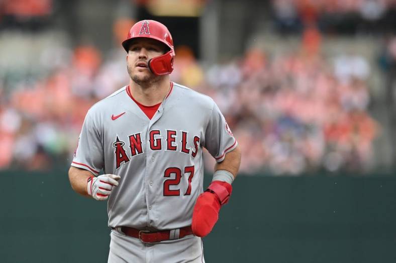 Jul 9, 2022; Baltimore, Maryland, USA;  Los Angeles Angels center fielder Mike Trout (27) runs the bases during the third inning against the Baltimore Orioles at Oriole Park at Camden Yards. Mandatory Credit: Tommy Gilligan-USA TODAY Sports