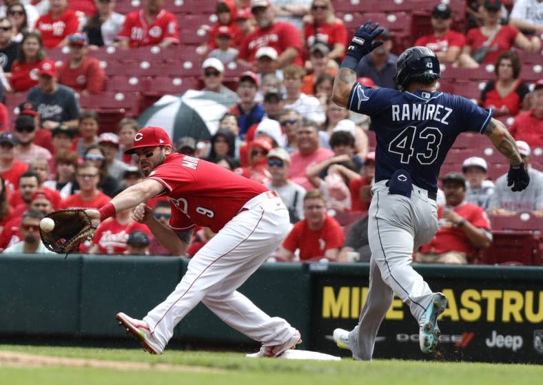 Jul 9, 2022; Cincinnati, Ohio, USA; Tampa Bay Rays left fielder Harold Ramirez (43) is out at first against Cincinnati Reds first baseman Mike Moustakas (9) during the first inning at Great American Ball Park. Mandatory Credit: David Kohl-USA TODAY Sports