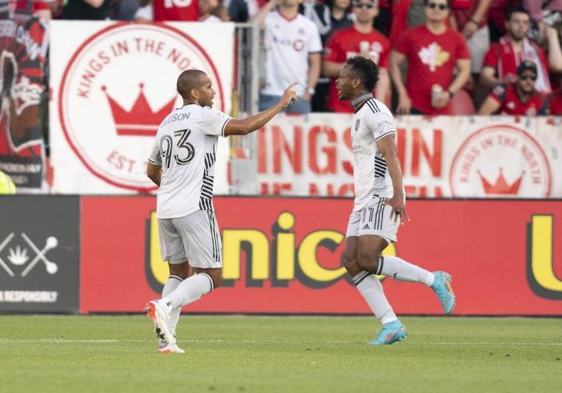Jul 9, 2022; Toronto, Ontario, CAN; San Jose Earthquakes forward Jeremy Ebobisse (11) scores a goal and celebrates with San Jose Earthquakes midfielder Judson (93) against Toronto FC during the first half at BMO Field. Mandatory Credit: Nick Turchiaro-USA TODAY Sports