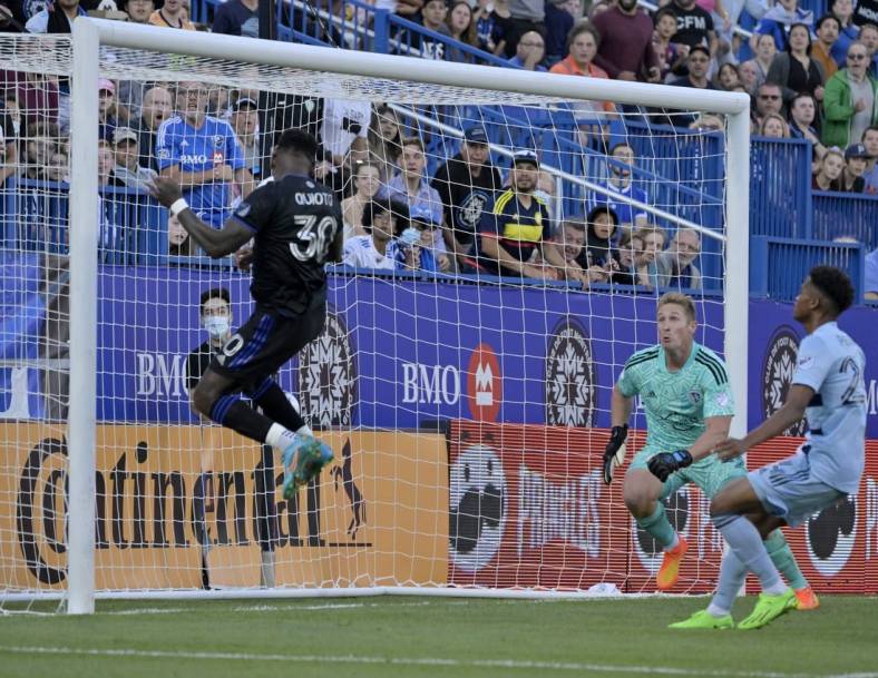 Jul 9, 2022; Montreal, Quebec, CAN; CF Montreal midfielder Romell Quioto (30) scores a goal against Sporting Kansas City goalkeeper Tim Melia (29) during the first half at Stade Saputo. Mandatory Credit: Eric Bolte-USA TODAY Sports