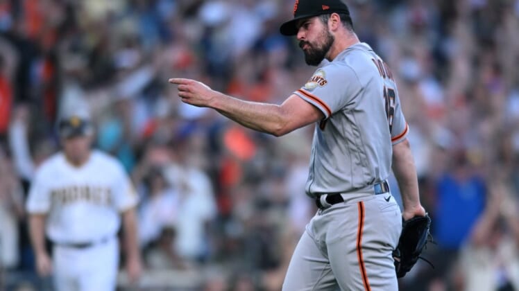 Jul 9, 2022; San Diego, California, USA; San Francisco Giants starting pitcher Carlos Rodon (16) gestures after the Giants defeated the San Diego Padres at Petco Park. Mandatory Credit: Orlando Ramirez-USA TODAY Sports