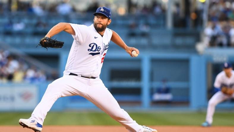 Jul 9, 2022; Los Angeles, California, USA; Los Angeles Dodgers starting pitcher Clayton Kershaw (22) pitches against the Chicago Cubs during the first inning at Dodger Stadium. Mandatory Credit: Jonathan Hui-USA TODAY Sports