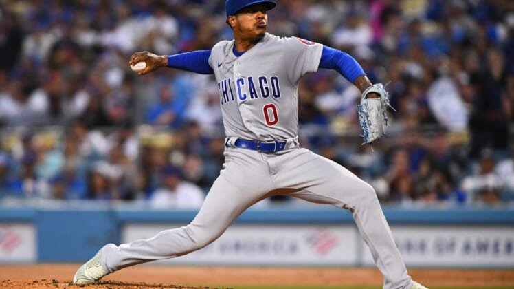 Jul 9, 2022; Los Angeles, California, USA; Chicago Cubs pitcher Marcus Stroman (0) pitches against the Los Angeles Dodgers during the fourth inning at Dodger Stadium. Mandatory Credit: Jonathan Hui-USA TODAY Sports