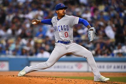 Jul 9, 2022; Los Angeles, California, USA; Chicago Cubs pitcher Marcus Stroman (0) pitches against the Los Angeles Dodgers during the fourth inning at Dodger Stadium. Mandatory Credit: Jonathan Hui-USA TODAY Sports