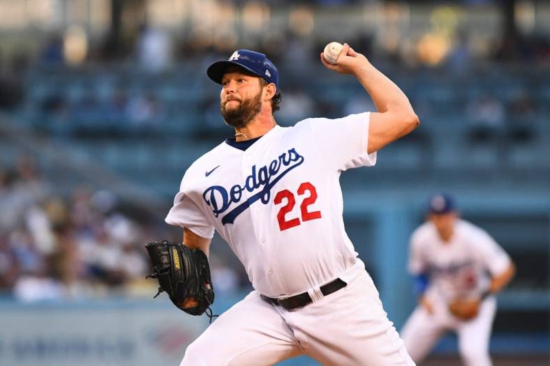 Jul 9, 2022; Los Angeles, California, USA; Los Angeles Dodgers starting pitcher Clayton Kershaw (22) pitches against the Chicago Cubs during the second inning at Dodger Stadium. Mandatory Credit: Jonathan Hui-USA TODAY Sports