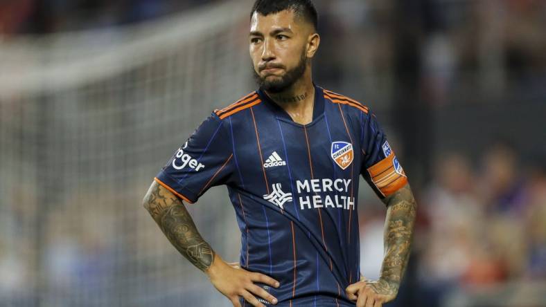 Jul 9, 2022; Cincinnati, Ohio, USA; FC Cincinnati midfielder Luciano Acosta (10) during the second half against the New York Red Bulls at TQL Stadium. Mandatory Credit: Katie Stratman-USA TODAY Sports