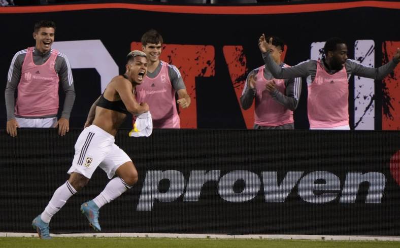 Jul 9, 2022; Chicago, Illinois, USA;  Columbus Crew forward Cucho Hernandez (9) reacts after scoring a goal against the Chicago Fire during the second half at Soldier Field. Mandatory Credit: Mike Dinovo-USA TODAY Sports