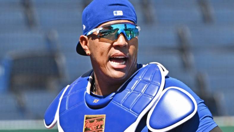 Jul 10, 2022; Kansas City, Missouri, USA;  Kansas City Royals catcher Salvador Perez (13) works out, prior to a game against the Cleveland Guardians at Kauffman Stadium. Mandatory Credit: Peter Aiken-USA TODAY Sports