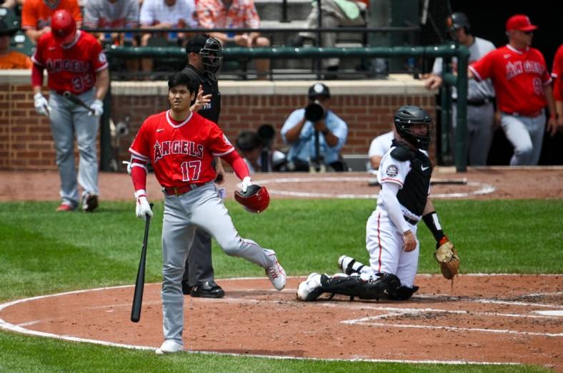 Jul 10, 2022; Baltimore, Maryland, USA; Los Angeles Angels designated hitter Shohei Ohtani (17) reacts after a swing  during the fourth inning against the Baltimore Orioles at Oriole Park at Camden Yards. Mandatory Credit: Tommy Gilligan-USA TODAY Sports