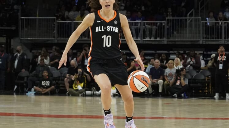 Jul 10, 2022; Chicago, Ill, USA; Team Stewart guard Sue Bird (10) during the first half of the WNBA All Star Game at Wintrust Arena. Mandatory Credit: David Banks-USA TODAY Sports