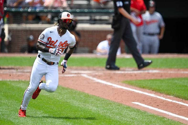 Jul 10, 2022; Baltimore, Maryland, USA;  Baltimore Orioles shortstop Jorge Mateo (3) runs out a seventh inning single against the Los Angeles Angels at Oriole Park at Camden Yards. Mandatory Credit: Tommy Gilligan-USA TODAY Sports