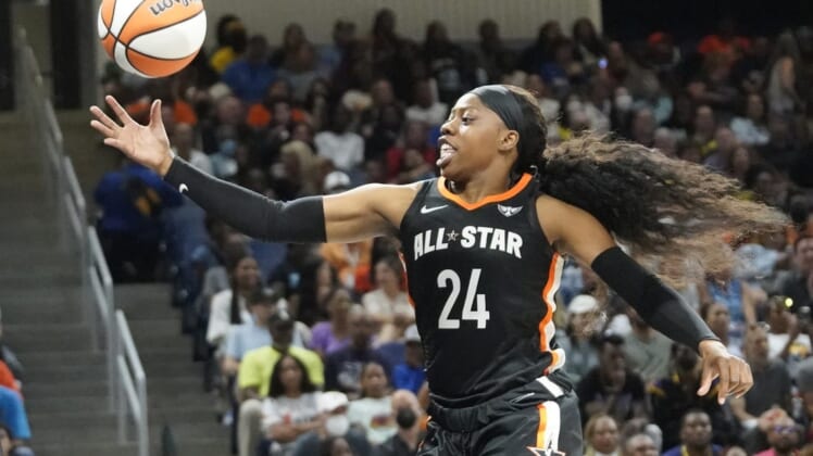 Jul 10, 2022; Chicago, Ill, USA; Team Stewart guard Arike Ogunbowale chases the ball during the first half in a WNBA All Star Game at Wintrust Arena. Mandatory Credit: David Banks-USA TODAY Sports