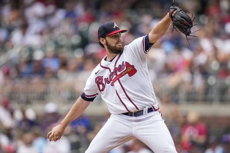 Jul 10, 2022; Cumberland, Georgia, USA; Atlanta Braves starting pitcher Ian Anderson (36) pitches against the Washington Nationals  during the first inning at Truist Park. Mandatory Credit: Dale Zanine-USA TODAY Sports