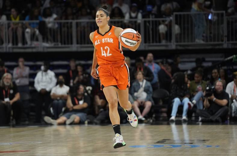 Jul 10, 2022; Chicago, Ill, USA; Team Wilson guard Kelsey Plum brings the ball up the court during the second half in a WNBA All Star Game at Wintrust Arena. Mandatory Credit: David Banks-USA TODAY Sports