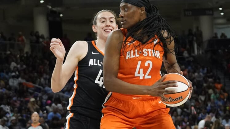 Jul 10, 2022; Chicago, Ill, USA; Team Wilson center Sylvia Fowles is defended by Team Stewart forward Breanna Stewart during the second half in a WNBA All Star Game at Wintrust Arena. Mandatory Credit: David Banks-USA TODAY Sports