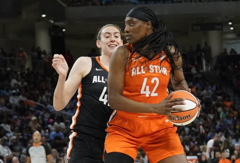 Jul 10, 2022; Chicago, Ill, USA; Team Wilson center Sylvia Fowles is defended by Team Stewart forward Breanna Stewart during the second half in a WNBA All Star Game at Wintrust Arena. Mandatory Credit: David Banks-USA TODAY Sports