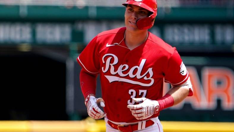 Cincinnati Reds catcher Tyler Stephenson (37) rounds the bases after hitting a two-run home run during the third inning of a baseball game against the Tampa Bay Rays, Sunday, July 10, 2022, at Great American Ball Park in Cincinnati.

Tampa Bay Rays At Cincinnati Reds July 10 0043