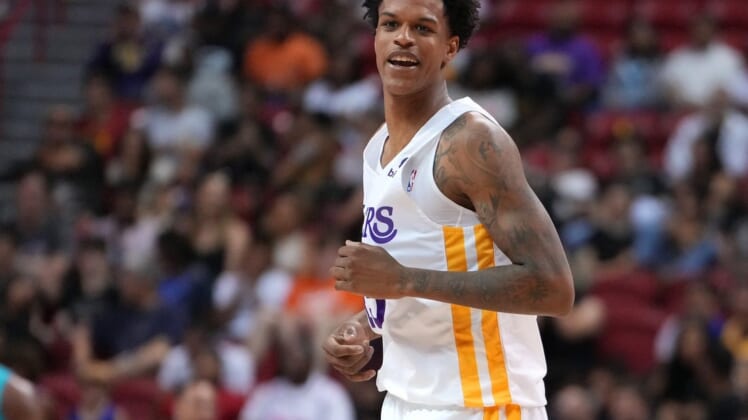 Jul 10, 2022; Las Vegas, NV, USA; Los Angeles Lakers forward Shareef O'Neal (45) reacts after a play during an NBA Summer League game against the Charlotte Hornets at Thomas & Mack Center. Mandatory Credit: Stephen R. Sylvanie-USA TODAY Sports