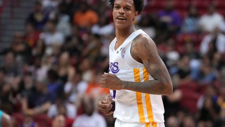 Jul 10, 2022; Las Vegas, NV, USA; Los Angeles Lakers forward Shareef O'Neal (45) reacts after a play during an NBA Summer League game against the Charlotte Hornets at Thomas & Mack Center. Mandatory Credit: Stephen R. Sylvanie-USA TODAY Sports