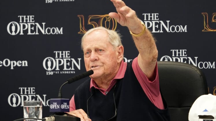 Jul 11, 2022; St. Andrews, SCT; Three-time Open champion Jack Nicklaus during a press conference at the 150th Open Championship golf tournament at St. Andrews Old Course. Jack Nicklaus will join Americans Bobby Jones in 1958 and Benjamin Franklin in 1759 to be awarded honorary citizenship in St. Andrews.Mandatory Credit: Rob Schumacher-USA TODAY Sports