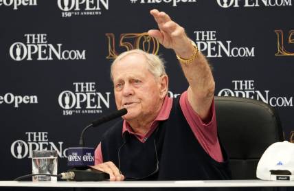Jul 11, 2022; St. Andrews, SCT; Three-time Open champion Jack Nicklaus during a press conference at the 150th Open Championship golf tournament at St. Andrews Old Course. Jack Nicklaus will join Americans Bobby Jones in 1958 and Benjamin Franklin in 1759 to be awarded honorary citizenship in St. Andrews.
Mandatory Credit: Rob Schumacher-USA TODAY Sports
