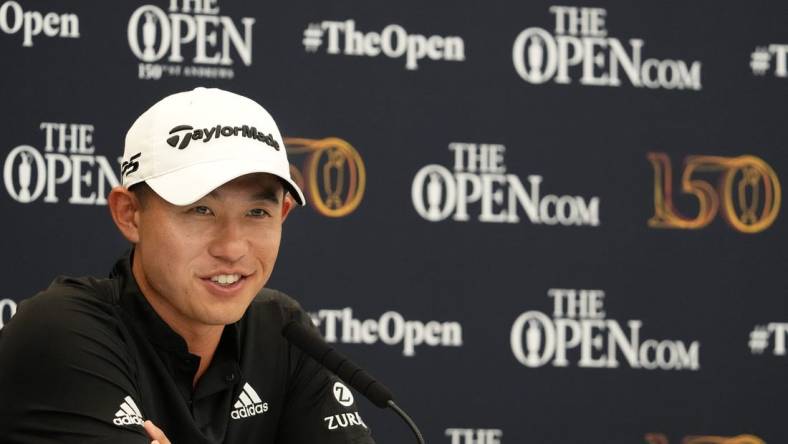 Jul 11, 2022; St. Andrews, SCT; Defending Open champion Collin Morikawa during a press conference at the 150th Open Championship golf tournament at St. Andrews Old Course. Mandatory Credit: Rob Schumacher-USA TODAY Sports