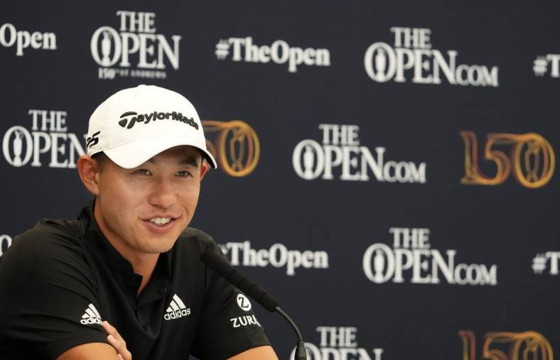 Jul 11, 2022; St. Andrews, SCT; Defending Open champion Collin Morikawa during a press conference at the 150th Open Championship golf tournament at St. Andrews Old Course. Mandatory Credit: Rob Schumacher-USA TODAY Sports