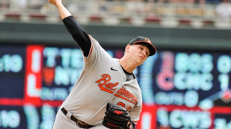 Jul 3, 2022; Minneapolis, Minnesota, USA; Baltimore Orioles starting pitcher Tyler Wells (68) in action against the Minnesota Twins at Target Field. Mandatory Credit: Jeffrey Becker-USA TODAY Sports