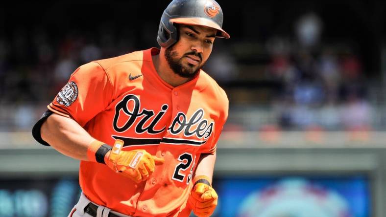 Jul 2, 2022; Minneapolis, Minnesota, USA; Baltimore Orioles right fielder Anthony Santander (25) in action against the Minnesota Twins at Target Field. Mandatory Credit: Jeffrey Becker-USA TODAY Sports