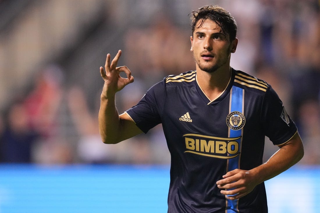Jul 8, 2022; Chester, Pennsylvania, USA; Philadelphia Union forward Julian Carranza (9) reacts after scoring his third goal against D.C. United in the second half at Subaru Park. Mandatory Credit: Mitchell Leff-USA TODAY Sports