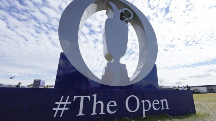 Jul 12, 2022; St. Andrews, Fife, SCT; An oversized logo during a practice round for the 150th Open Championship golf tournament at St. Andrews Old Course. Mandatory Credit: Michael Madrid-USA TODAY Sports