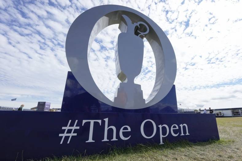 Jul 12, 2022; St. Andrews, Fife, SCT; An oversized logo during a practice round for the 150th Open Championship golf tournament at St. Andrews Old Course. Mandatory Credit: Michael Madrid-USA TODAY Sports