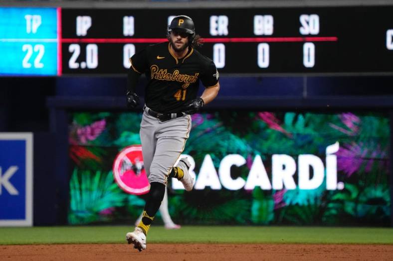 Jul 12, 2022; Miami, Florida, USA; Pittsburgh Pirates center fielder Jake Marisnick (41) rounds the bases after hitting a solo home run in the third inning against the Miami Marlins at loanDepot park. Mandatory Credit: Jasen Vinlove-USA TODAY Sports