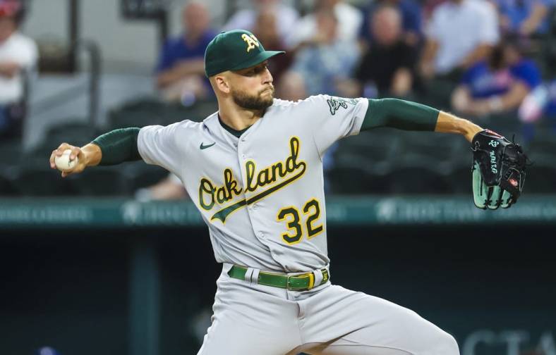 Jul 12, 2022; Arlington, Texas, USA; Oakland Athletics starting pitcher James Kaprielian (32) throws during the first inning against the Texas Rangers at Globe Life Field. Mandatory Credit: Kevin Jairaj-USA TODAY Sports