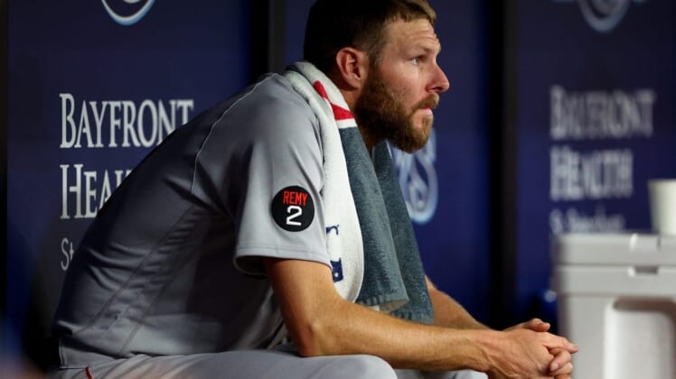 Jul 12, 2022; St. Petersburg, Florida, USA; Boston Red Sox starting pitcher Chris Sale (41) looks on from the bench in the fifth inning against the Tampa Bay Rays at Tropicana Field. Mandatory Credit: Nathan Ray Seebeck-USA TODAY Sports
