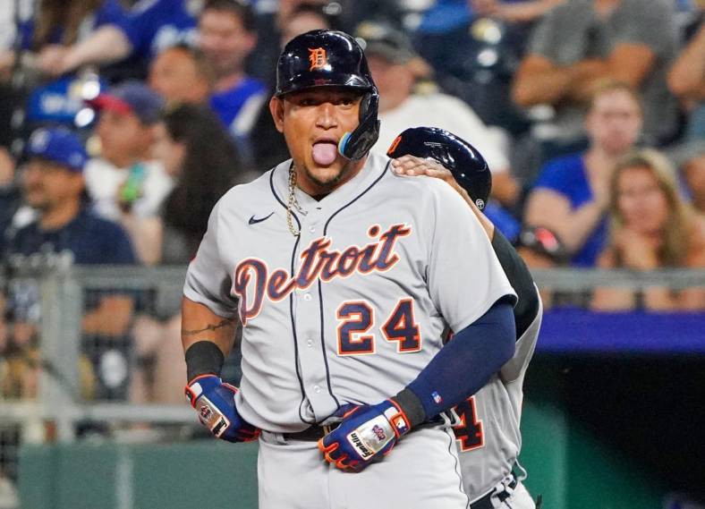Jul 12, 2022; Kansas City, Missouri, USA; Detroit Tigers designated hitter Miguel Cabrera (24) celebrates toward the dugout against the Kansas City Royals after hitting a one run single in the seventh inning at Kauffman Stadium. Mandatory Credit: Denny Medley-USA TODAY Sports