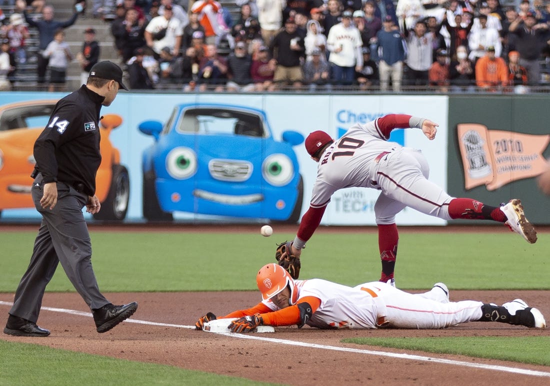 Yermin Mercedes (6) slides in for a double in the second inning as the San  Francisco Giants played the Arizona Diamondbacks at Oracle Park in San  Francisco on Tuesday, July 12, 2022. (