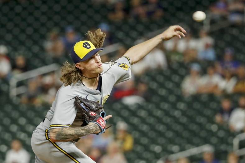 Jul 12, 2022; Minneapolis, Minnesota, USA; Milwaukee Brewers relief pitcher Josh Hader (71) throws to the Minnesota Twins in the ninth inning at Target Field. Mandatory Credit: Bruce Kluckhohn-USA TODAY Sports