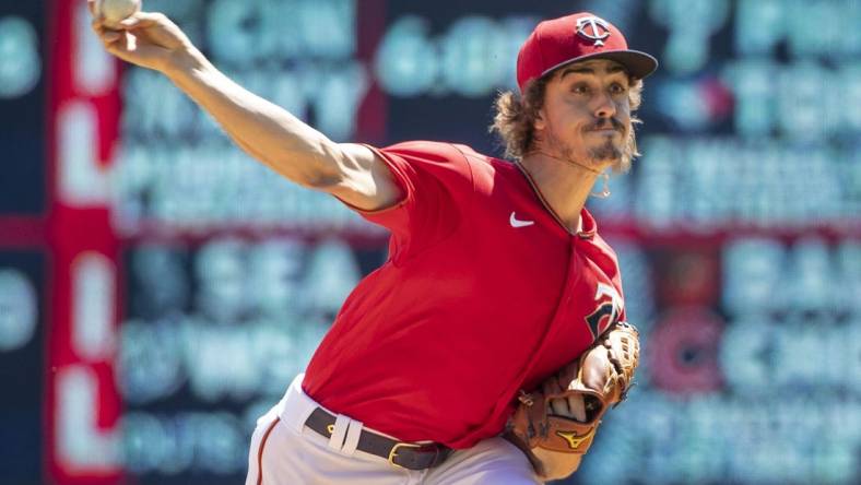 Jul 13, 2022; Minneapolis, Minnesota, USA; Minnesota Twins starting pitcher Joe Ryan (41) throws to the Milwaukee Brewers in the first inning at Target Field. Mandatory Credit: Bruce Kluckhohn-USA TODAY Sports