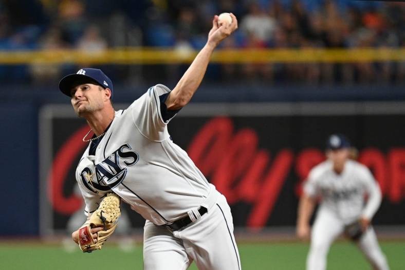 Jul 13, 2022; St. Petersburg, Florida, USA; Tampa Bay Rays starting pitcher Shane McClanahan (18) throws a pitch in the first inning against the Boston Red Sox at Tropicana Field. Mandatory Credit: Jonathan Dyer-USA TODAY Sports