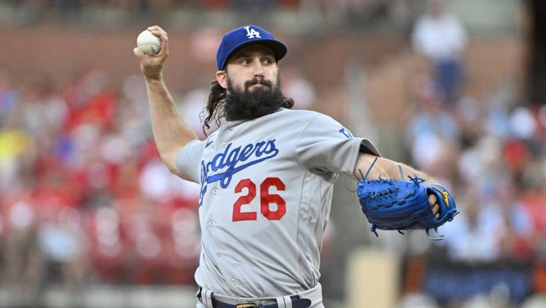 Jul 13, 2022; St. Louis, Missouri, USA;  Los Angeles Dodgers starting pitcher Tony Gonsolin (26) pitches against the St. Louis Cardinals during the third inning at Busch Stadium. Mandatory Credit: Jeff Curry-USA TODAY Sports