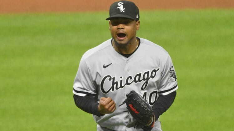 Jul 13, 2022; Cleveland, Ohio, USA; Chicago White Sox relief pitcher Reynaldo Lopez (40) reacts in the seventh inning against the Cleveland Guardians at Progressive Field. Mandatory Credit: David Richard-USA TODAY Sports