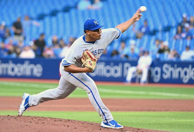 Jul 14, 2022; Toronto, Ontario, CAN;  Kansas City Royals starting pitcher Angel Zerpa (61) delivers a pitch against the Toronto Blue Jays in the first inning at Rogers Centre. Mandatory Credit: Dan Hamilton-USA TODAY Sports