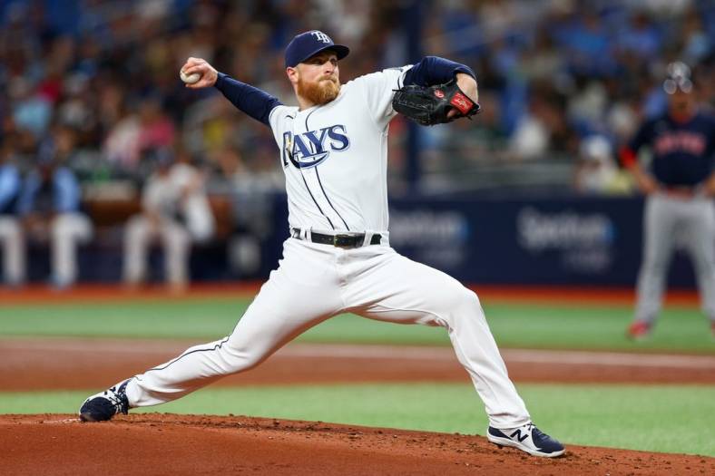 Jul 14, 2022; St. Petersburg, Florida, USA;  Tampa Bay Rays starting pitcher Drew Rasmussen (57) throws a pitch against the Boston Red Sox in the first inning at Tropicana Field. Mandatory Credit: Nathan Ray Seebeck-USA TODAY Sports