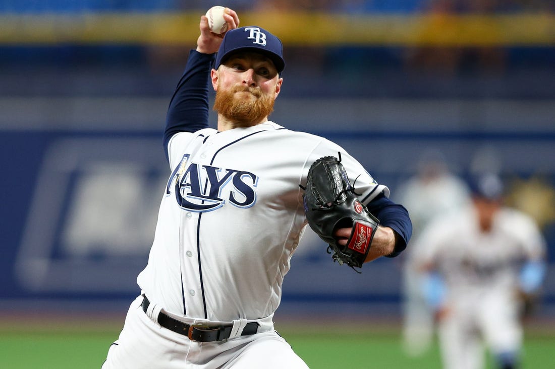 Jul 14, 2022; St. Petersburg, Florida, USA;  Tampa Bay Rays starting pitcher Drew Rasmussen (57) throws a pitch against the Boston Red Sox in the first inning at Tropicana Field. Mandatory Credit: Nathan Ray Seebeck-USA TODAY Sports